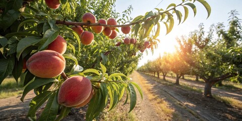 Aufkleber - A close-up view of ripe peaches hanging from a branch in an orchard, the setting sun casting a warm glow on the fruit and foliage.