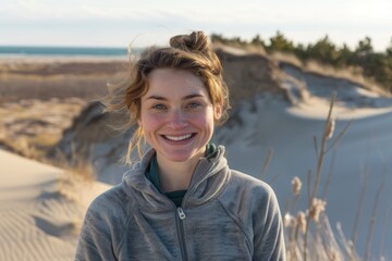 portrait of a smiling woman in her 30s dressed in a comfy fleece pullover isolated on serene dune la