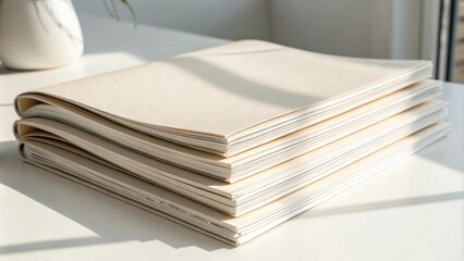 Aufkleber - A stack of blank books sits on a white surface bathed in soft, natural light, presenting a clean and minimalist aesthetic.