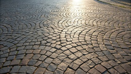 Aufkleber - A cobblestone pathway curves gently, its surface bathed in the golden glow of the setting sun. The stones, worn smooth by countless footsteps, create a textured mosaic of light and shadow.