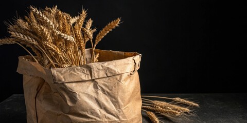 Sticker - A rustic brown paper bag overflowing with golden wheat stalks, a symbol of harvest and bounty