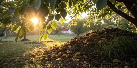 Fototapete - Sunlight filtering through leaves illuminates a pile of decaying fruit on the forest floor, nature's cycle of decay and rebirth