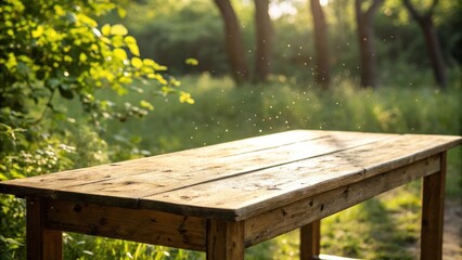 Poster - A rustic wooden table in the middle of a lush green forest with a soft, dreamy glow of sunlight filtering through the trees and leaves
