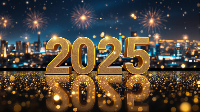 Celebrate the New Year in Style: Glittering Golden 2025, Vibrant Fireworks, and Festive Sparkles for a Grand Celebration Scene
