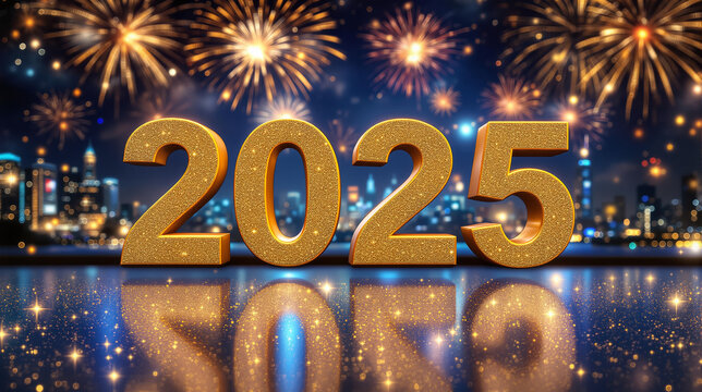 Celebrate the New Year in Style: Glittering Golden 2025, Vibrant Fireworks, and Festive Sparkles for a Grand Celebration Scene

