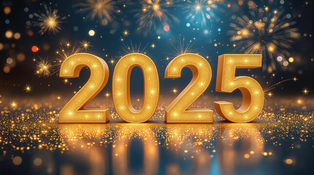 Celebrate the New Year in Style: Glittering Golden 2025, Vibrant Fireworks, and Festive Sparkles for a Grand Celebration Scene
