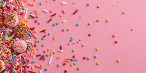 Poster - Colorful Sprinkles and Round Cookies on Pink Background