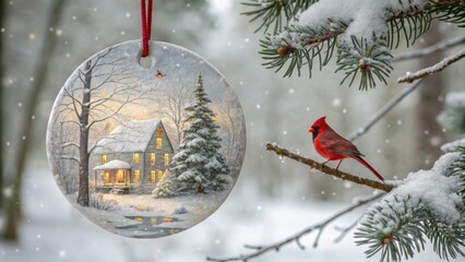 Poster - A wintery scene painted on an ornament hangs from a snow-laden pine branch, a lone cardinal perched nearby, watching the cozy cottage within