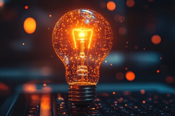 Poster - Artistic representation of a glowing light bulb above a laptop, symbolizing tech innovation and creative startups.