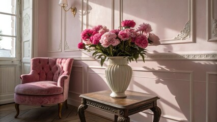 Poster - A pink velvet armchair in a sun-drenched room with ornate wall moldings and a bouquet of pink peonies in a white vase on a carved wooden table.