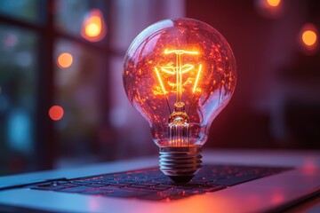 Poster - Artistic representation of a glowing light bulb above a laptop, symbolizing tech innovation and creative startups.