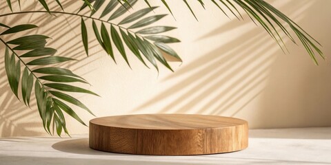 Poster - Natural Wood Podium with Palm Leaf and Soft Light for Product Display