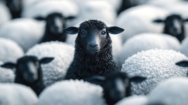 A 3D black sheep graphic contrasted with flat white sheep designs, emphasizing depth and individuality.
