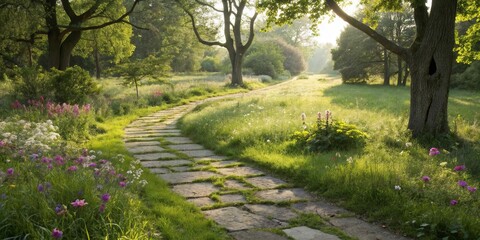 Poster - A Winding Stone Path Through A Lush Meadow, Bathed In The Golden Light Of Morning Sun