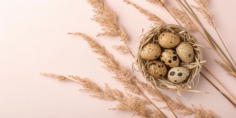 Aufkleber - A Nest of Quail Eggs Decorated with Dried Pampas Grass on a Soft Pink Background
