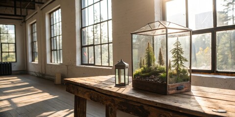 Aufkleber - A Glass Terrarium With Miniature Pine Trees Sits On A Rough Wooden Table Near A Window In An Industrial Space