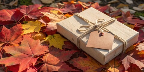 Aufkleber - A simple rustic gift box with a twine bow and brown tag nestled amongst a bed of autumn leaves.