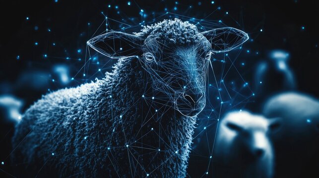 A glowing black sheep graphic with abstract connections to surrounding white sheep, symbolizing harmony in diversity.