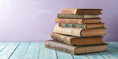 Poster - A Stack of Vintage Books on a Blue Wooden Table with a Soft Purple Background