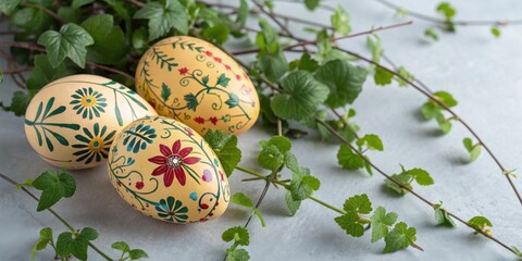 Poster - Hand-Painted Easter Eggs Decorated with Delicate Floral Patterns and Vines on a Light Gray Surface