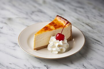 Wall Mural - a cheesecake slice on a white plate, placed on a marble background