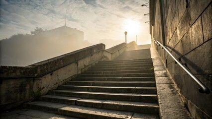 Leinwandbilder - A long staircase leading upwards bathed in the golden light of a misty sunrise, inviting the viewer to ascend and face the unknown.