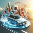 © Владимир Стеблев - 3d car sedan rides on the road to meet the sun, concept 3d render for advertising auto products
