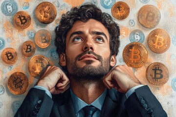 Poster - Bitcoin tokens and dollar signs forming a symbolic background behind a thoughtful man in modern business attire.