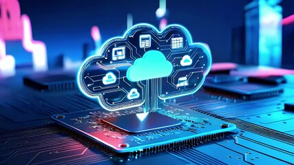A digital cloud symbolizing data storage and connectivity on a circuit board backdrop.