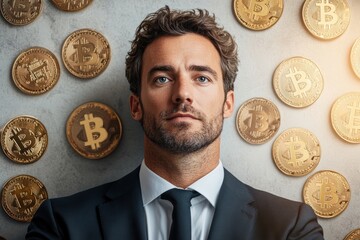 Aufkleber - Bitcoin tokens and golden dollar signs forming a dynamic background around a thoughtful man in professional attire, perfect for branding.