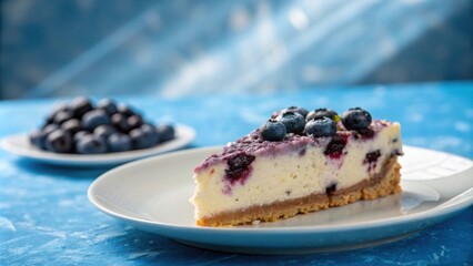Poster - A slice of blueberry cheesecake on a white plate, with a blurred background of blueberries in a white plate, on a blue background