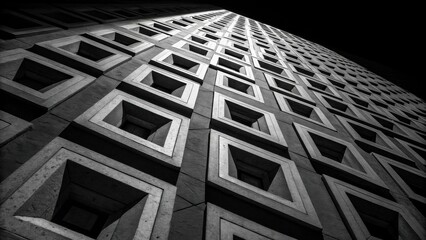 Poster - A low angle perspective of a building facade with a repeating pattern of square windows, casting a play of light and shadow across the rough concrete surface.