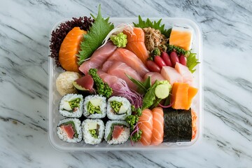 Wall Mural - A medium shot of a Japanese Asian meal in a plastic box container filled with a variety of fresh ingredients