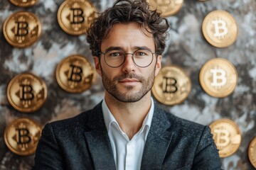Aufkleber - Bitcoin tokens and golden dollar signs forming a dynamic background around a thoughtful man in professional attire, perfect for branding.