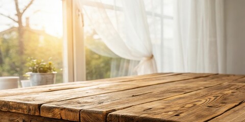 Poster - Rustic Wooden Tabletop With Blurry Background Of Sunlight Streaming Through A Window With Sheer Curtains