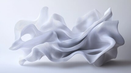 Poster - Abstract waving white lines forming a fluid structure, displayed on a plain white background, concept of movement and elegance. Generative AI