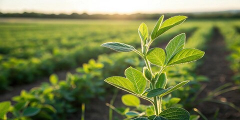 Aufkleber - Close-up of a vibrant green soybean plant thriving in a sun-drenched field, showcasing its intricate leaf structure and the promise of a bountiful harvest.