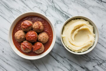 Wall Mural - A top view of a bowl of meatballs in sauce