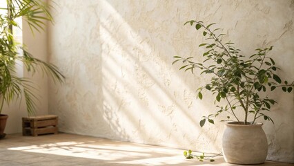 Poster - Sunlight Streaming Through a Window Onto a Plant in a Pot Against a Textured Wall