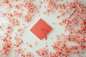 Wall Mural - A coral gift box surrounded by pink cherry blossom petals, creating a serene and festive atmosphere.