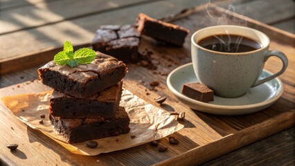 Poster - A Stack of Chocolate Brownies with a Cup of Coffee and Mint Leaves on a Wooden Tray
