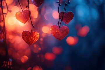 Poster - Colorful heart bokeh background with soft, blurred edges and glowing tones, perfect for romantic visuals.
