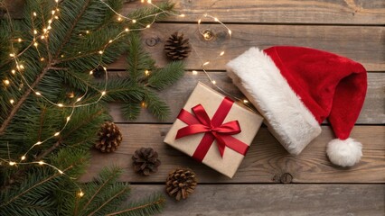 Poster - Festive Christmas Gift Wrapped in Brown Paper with a Red Bow Beside a Santa Hat on Rustic Wood with Pine Branches and String Lights