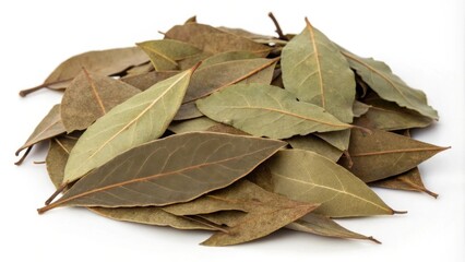 Wall Mural - A collection of dried bay leaves, aromatic and earthy, arranged on a pristine white surface.