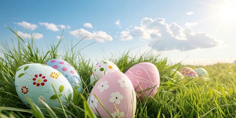 Aufkleber - Decorated Easter Eggs Resting in Lush Green Grass Under a Clear Blue Sky
