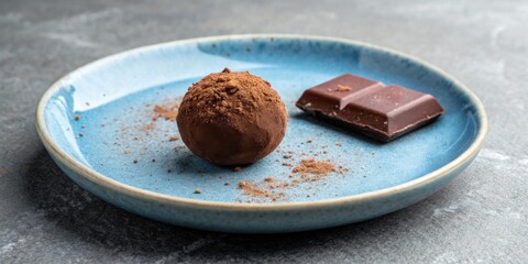 Poster - A single dark chocolate truffle dusted with cocoa powder on a blue plate with a piece of chocolate bar on the side