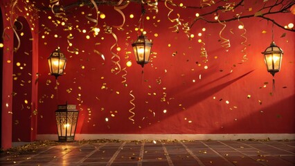 Poster - Red wall illuminated by hanging lanterns with golden confetti falling against a backdrop of golden ribbons and string lights