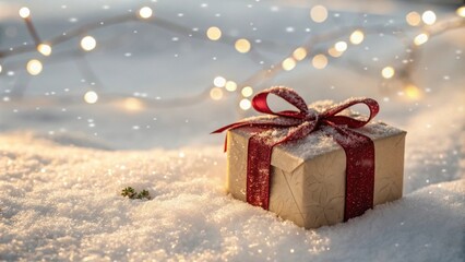 Poster - A single wrapped gift with a crimson ribbon rests nestled in a snowy landscape, illuminated by a soft glow of twinkling lights.