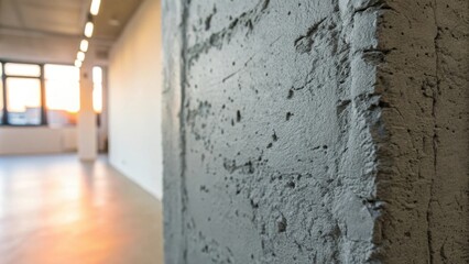 Poster - A textured concrete wall corner with a blurred background of a large window and empty room