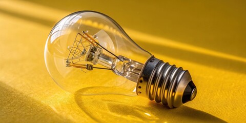 Poster - A Single Incandescent Light Bulb Lying on a Yellow Surface With a Sunbeam Shining on it